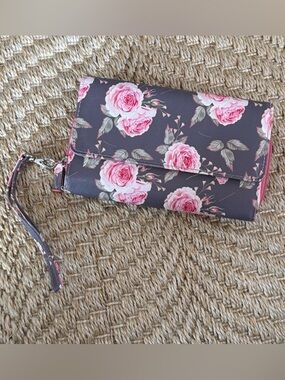 Floral Wristlet Wallet Clutch - Pink Roses on Neutral Gray Safe Keeper